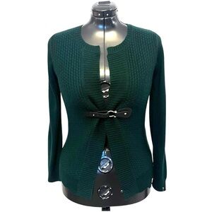 Susan Bristol Soft Merino Wool Cardigan with Faux Leather in Forest Green